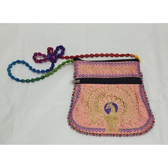 Unbranded Handbags - Pink Embroidered Peacock Crossbody Bag With Rainbow Beaded Strap & Zipper Pocket